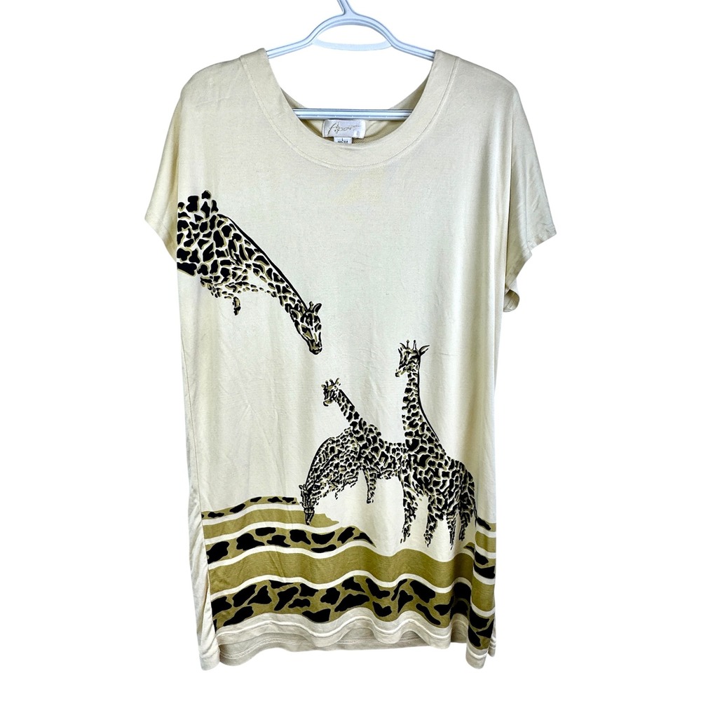 Vintage Apart 100% Silk Giraffe Graphic Top Tee Cream Yellow Large Y2K 90s